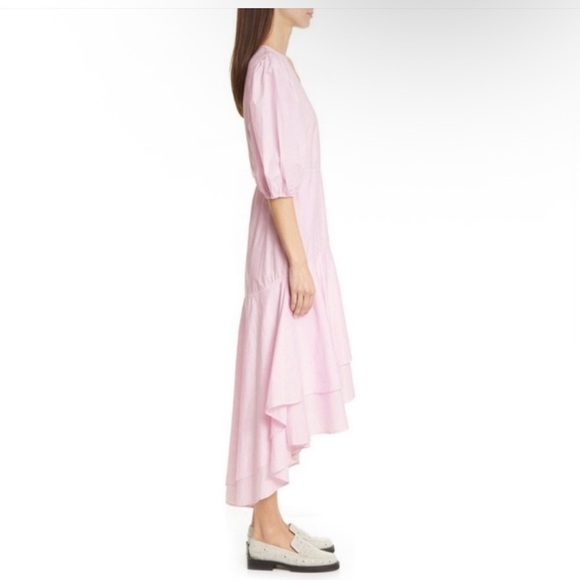 GANNI Wrap Midi Pastel Pink Poplin Floral Cherry Blossom Puff Sleeve Dress - Picture 2 of 8